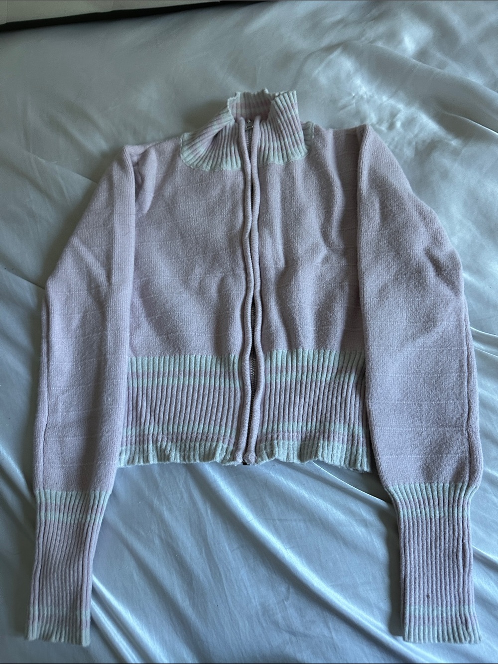 Light Pink Rib-Trim Zip Front Women’s Sweater